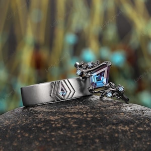 Gothic Couples Promise Ring Set Rhodium Black Gold Kite Alexandrite His and Hers Wedding Band Fantasy Twig Leaf Witchy Engagement Ring Set