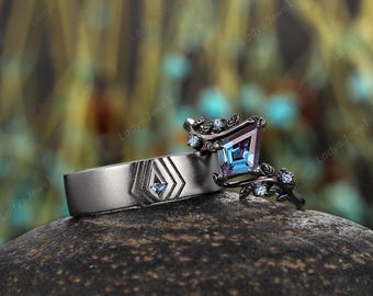 Gothic Kite Alexandrite Couples Promise Ring Rhodium Black Gold June Birthstone His & Hers Wedding Band Twig Leaf Witchy Engagement Ring Set