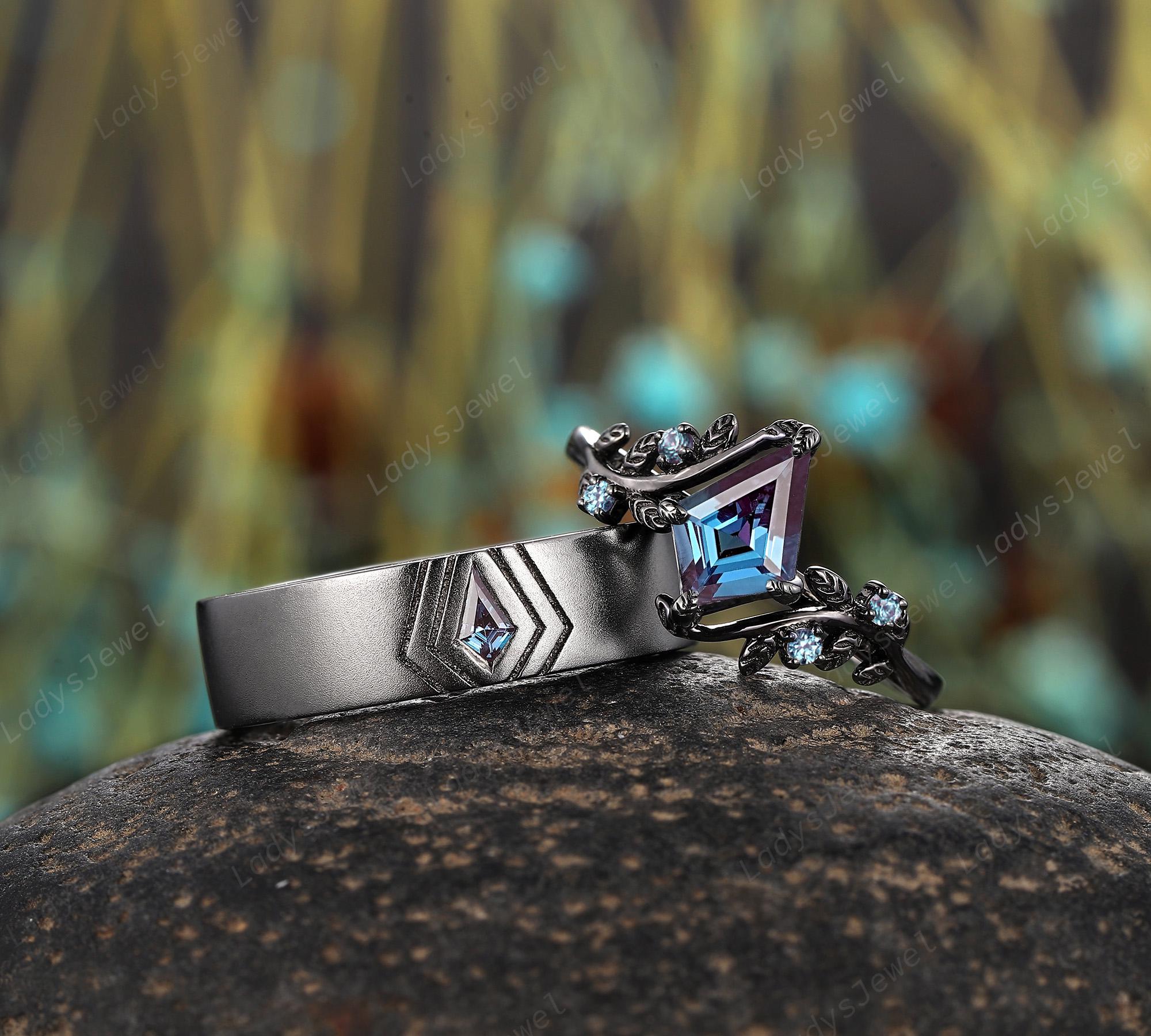 Gothic Kite Alexandrite Couples Promise Ring Rhodium Black Gold