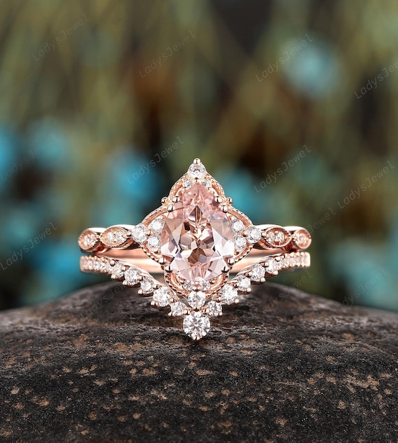 Morganite Pear Shaped Promise Ring Rose Gold 14K Rose Gold