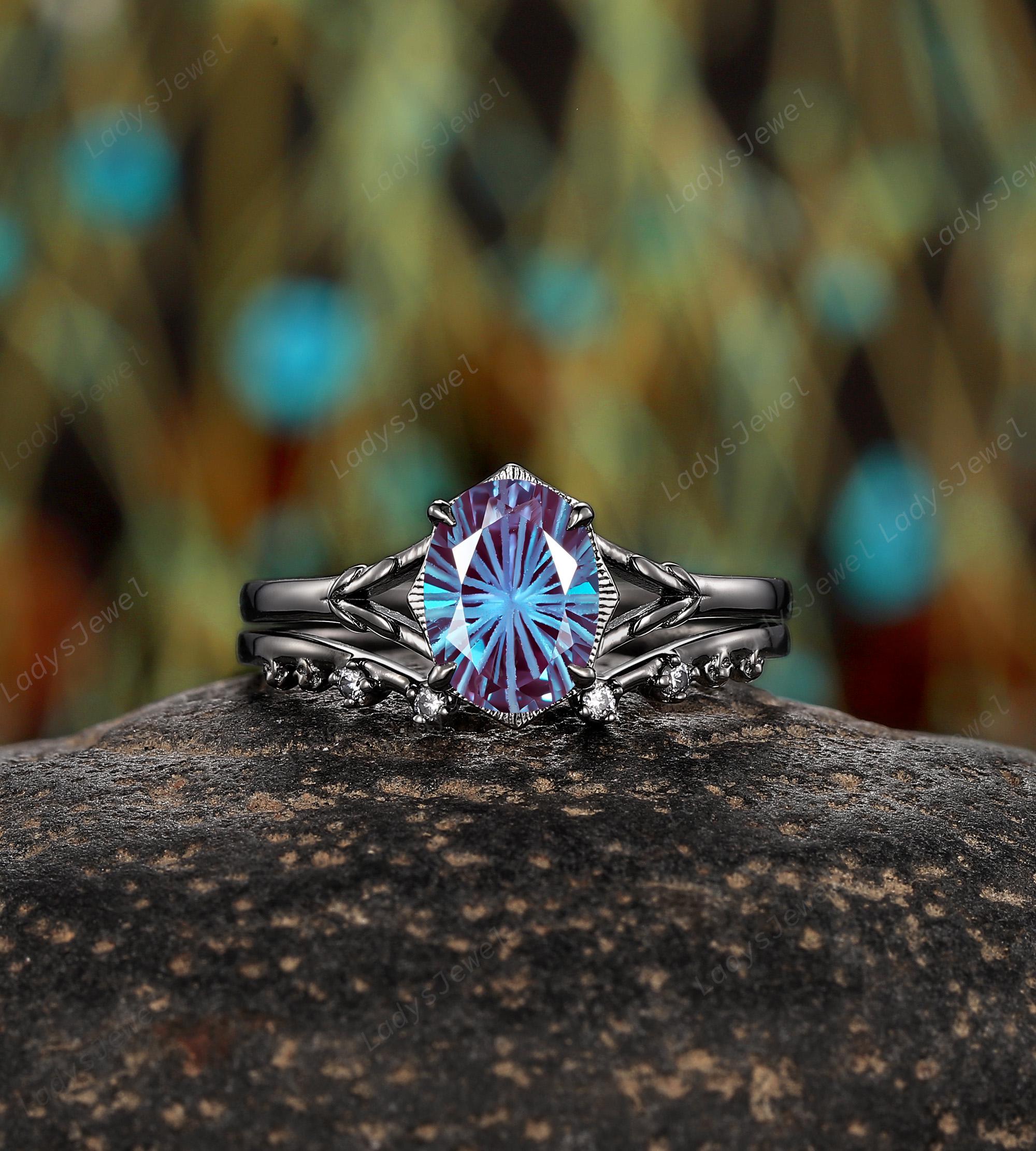 Oval Fireworks Alexandrite Engagement Ring Set Black Gold June