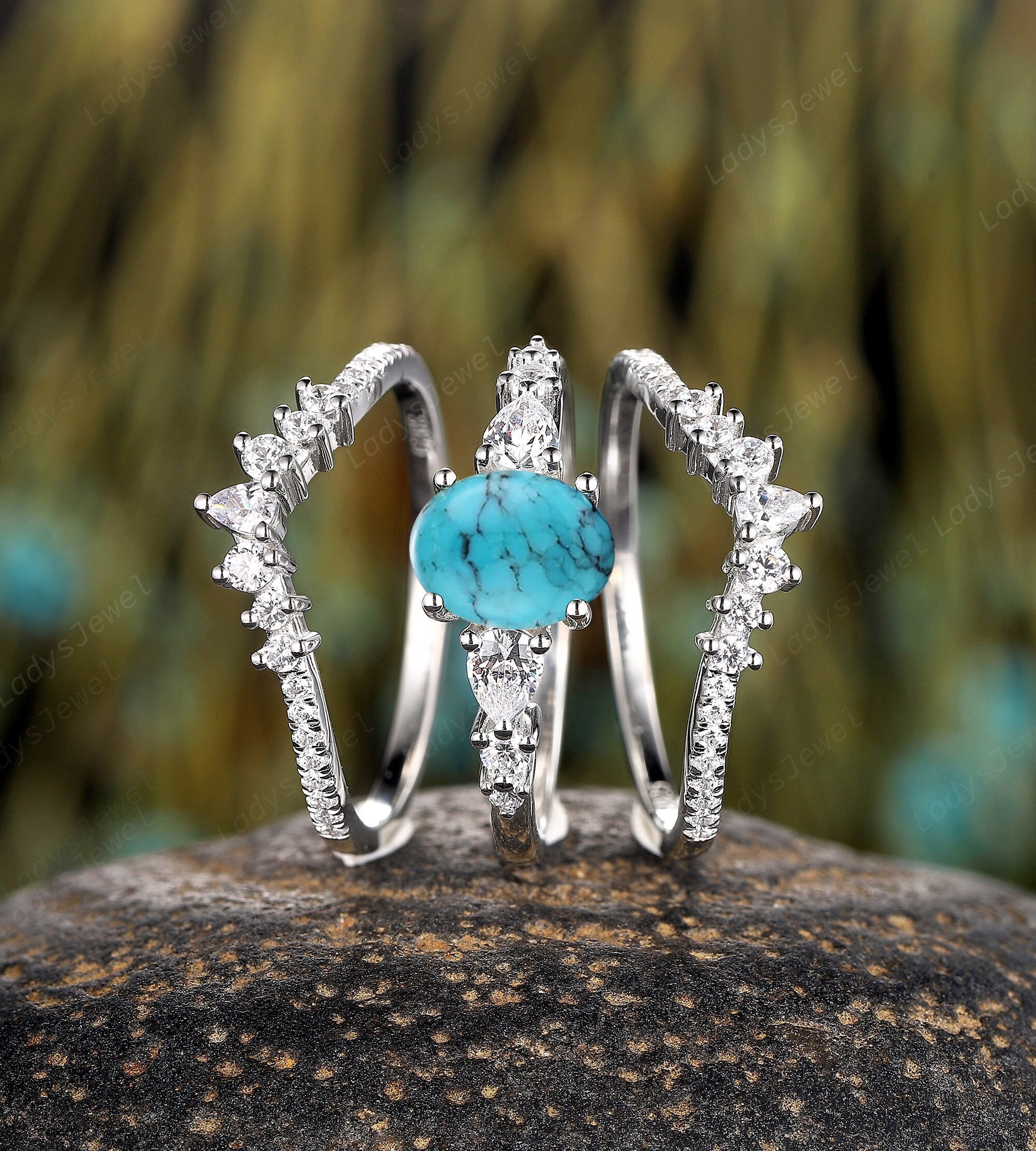 Nature Inspired Blue Turquoise Engagement Ring 3PCS Oval Cut Western Nature Inspired Blue Turquoise Engagement Ring 3PCS Oval Cut Western