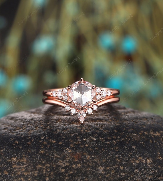 Rose Cut Round Shape Moissanite Engagement Ring Set, Unique 14K