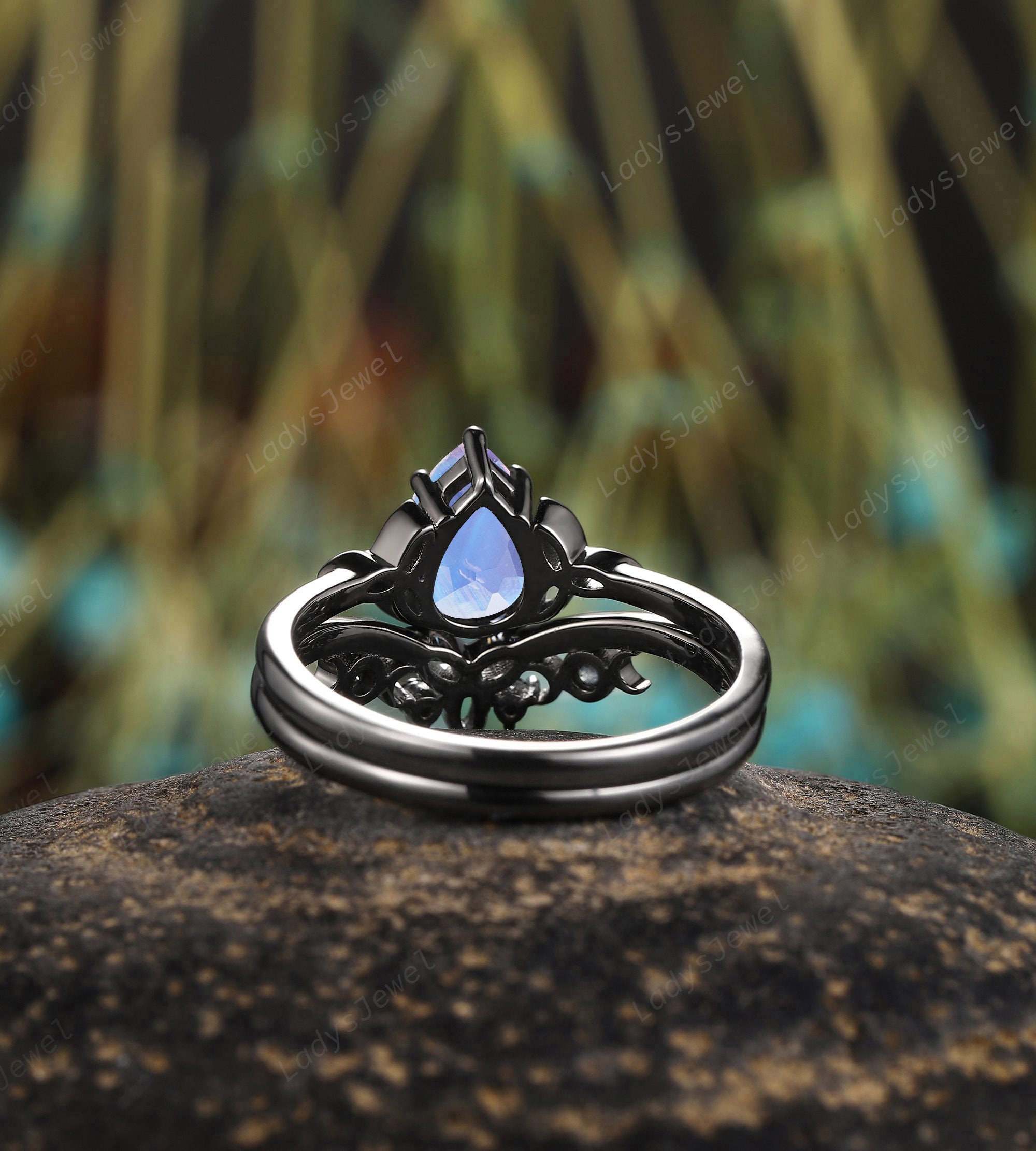 Celtic Pear Cut Moonstone Gothic Bridal Set, Rhodium Black