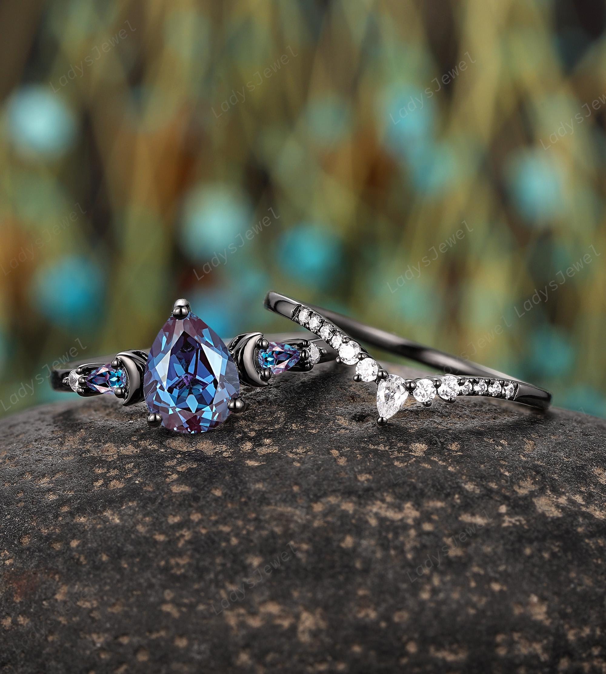 Crescent Pear Cut Alexandrite Engagement Rings Gothic Black Gold