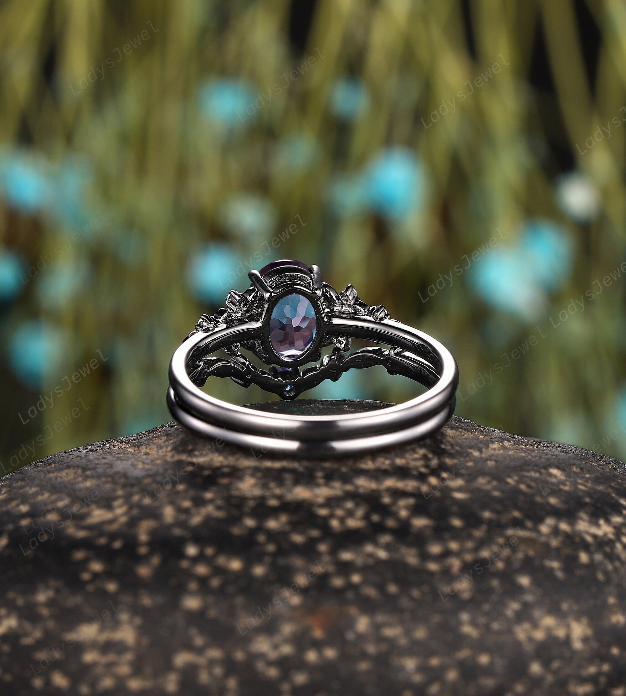 Oval Cut Alexandrite Engagement Ring Set Rhodium Black Gold Nature