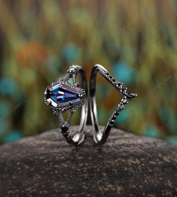 Vintage Coffin Cut Alexandrite Engagement Ring Rhodium Black Gold