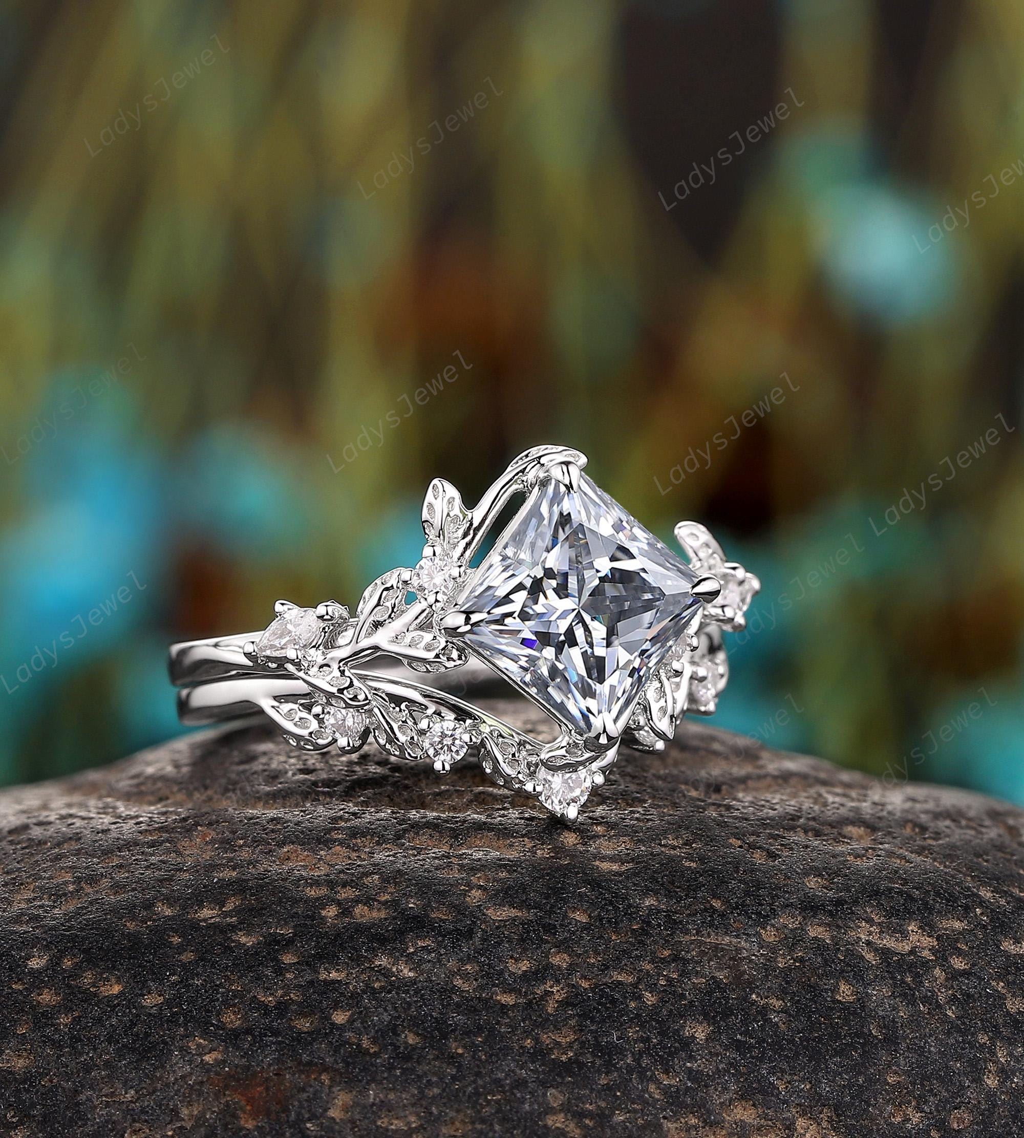 Princess Cut Gray Moissanite Bridal Set 14K White Gold Grey
