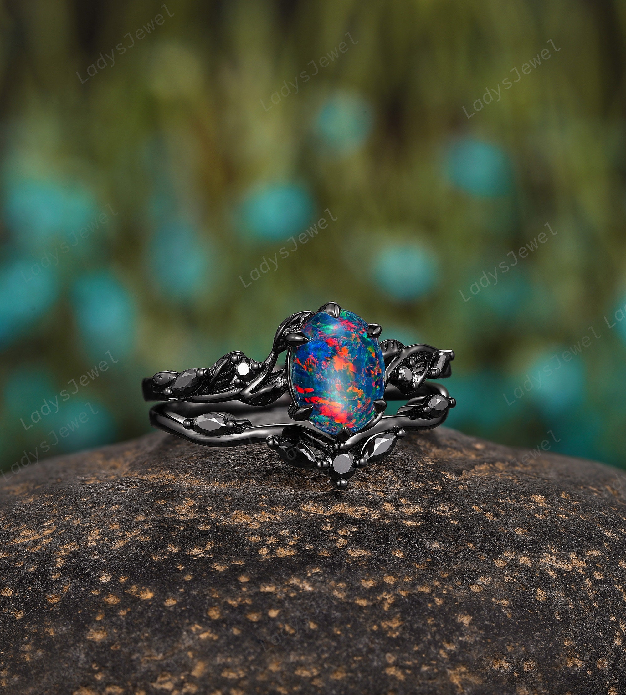 Gothic Oval Cut Black Fire Opal Bridal Set, Witchy Black