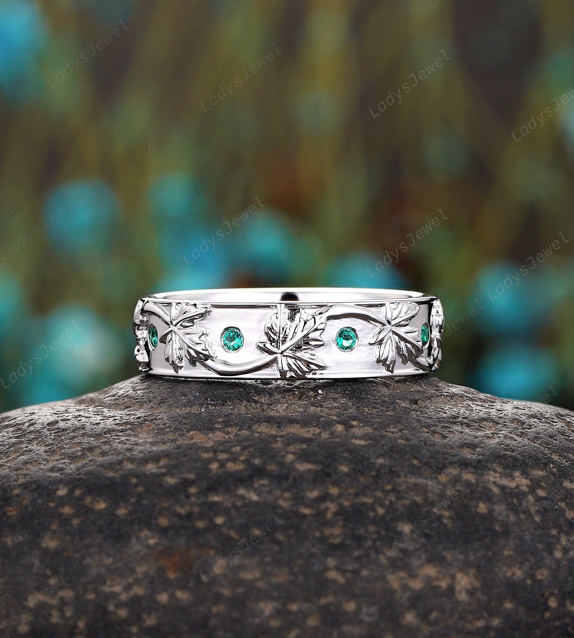 Green Emerald Maple Leaf His Wedding Band 14K White Gold Nature