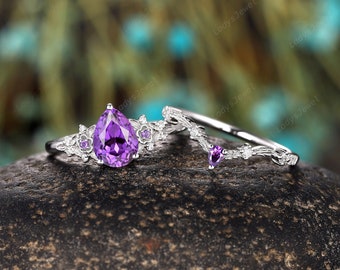 Pear Cut Purple Sapphire Engagement Ring Set 14K White Gold Violet