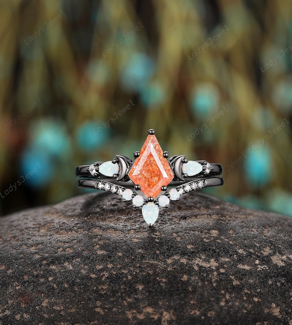 Crescent Kite Cut Sunstone Engagement Ring Set Rhodium Black Gold