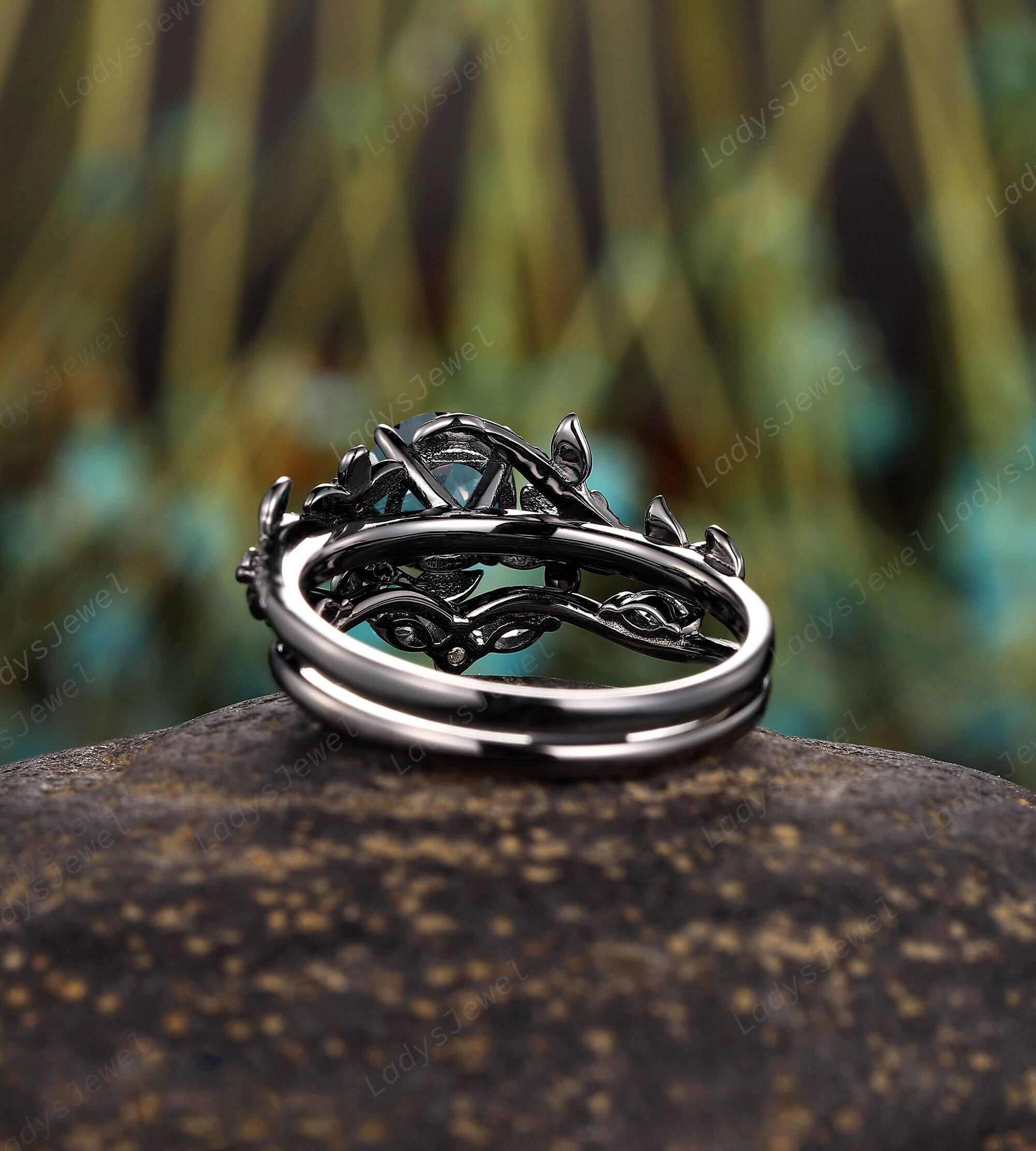Gothic Round Cut Alexandrite Floral Bridal Set, Rhodium Black Gold