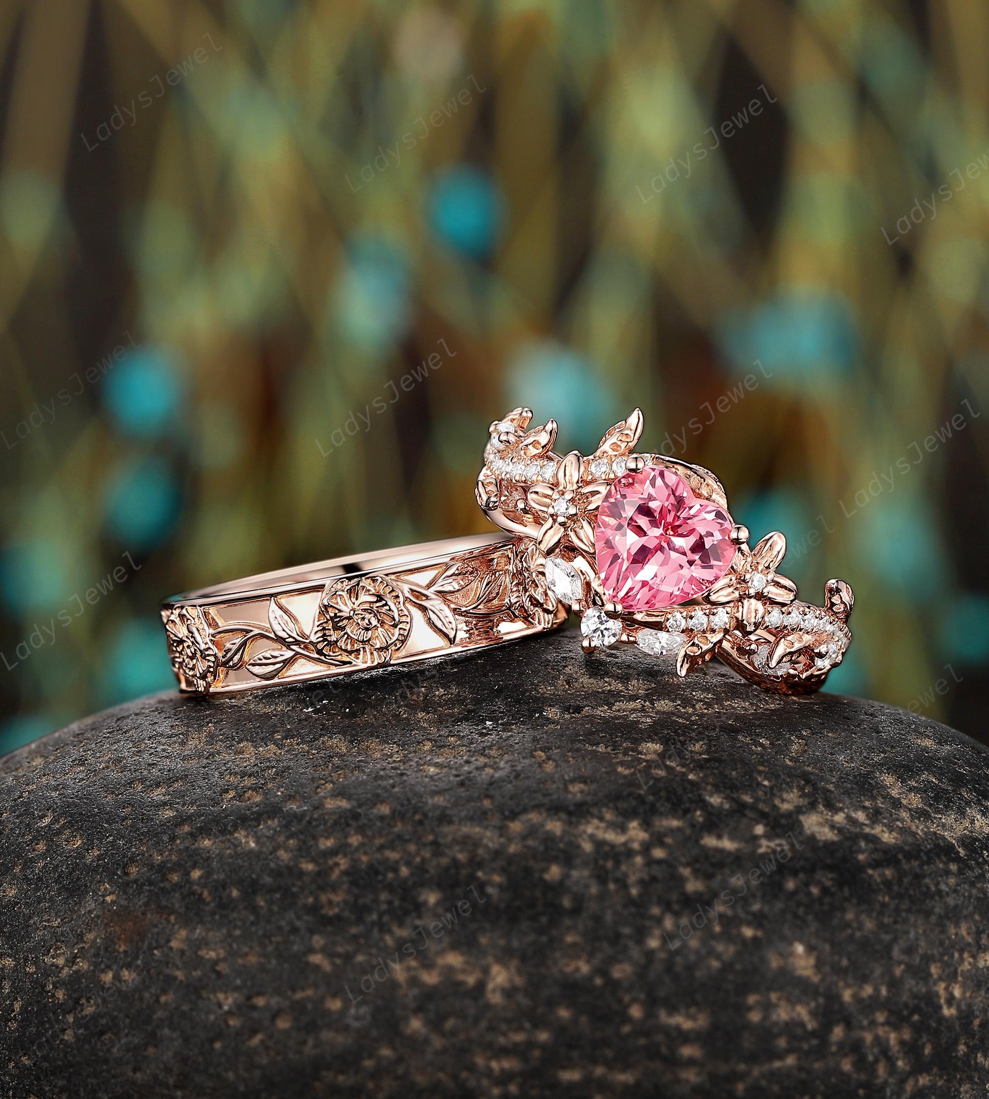Heart Cut Pink Sapphire Engagement Ring Set 14K Yellow Gold