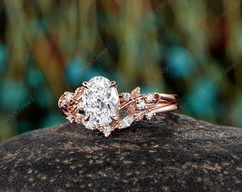 オーバルカットのラボグロウンダイヤモンド婚約指輪セット、14Kローズ
