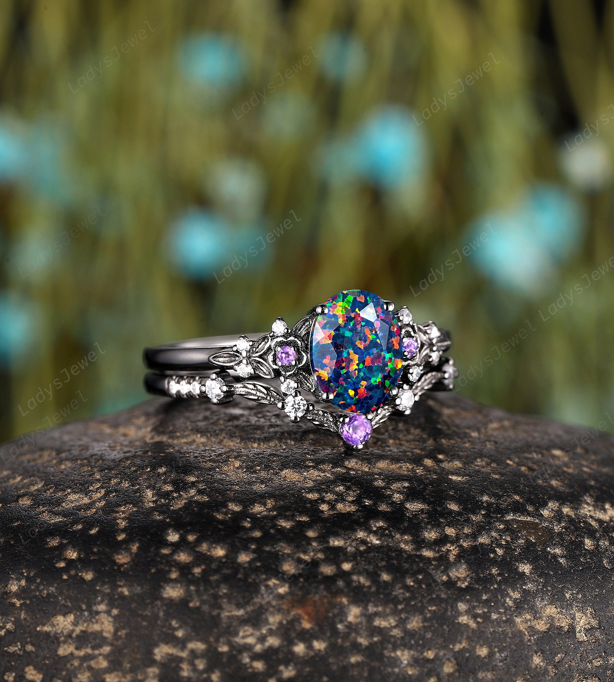 Gothic Facet Black Opal and Diamond Bridal Set, Oval Cut Mix Fire