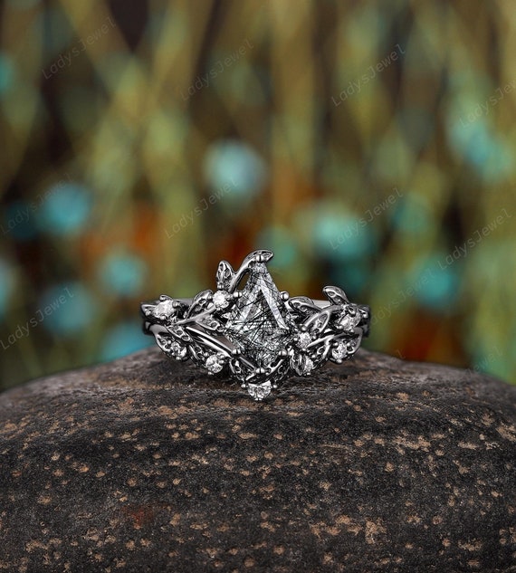 Kite Cut Black Rutilated Quartz Engagement Ring Set, Gothic Black - Main Image
