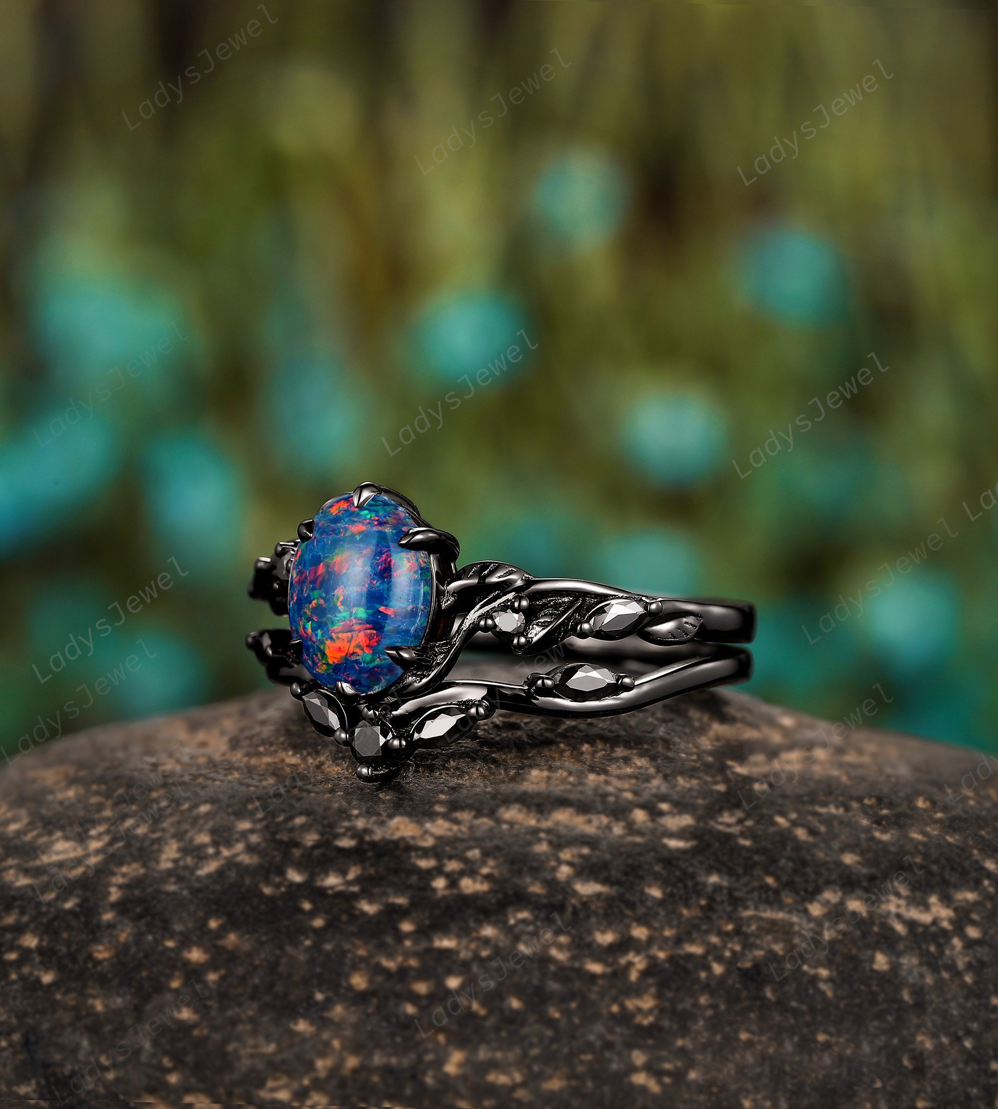 Gothic Oval Cut Black Fire Opal Bridal Set, Witchy Black