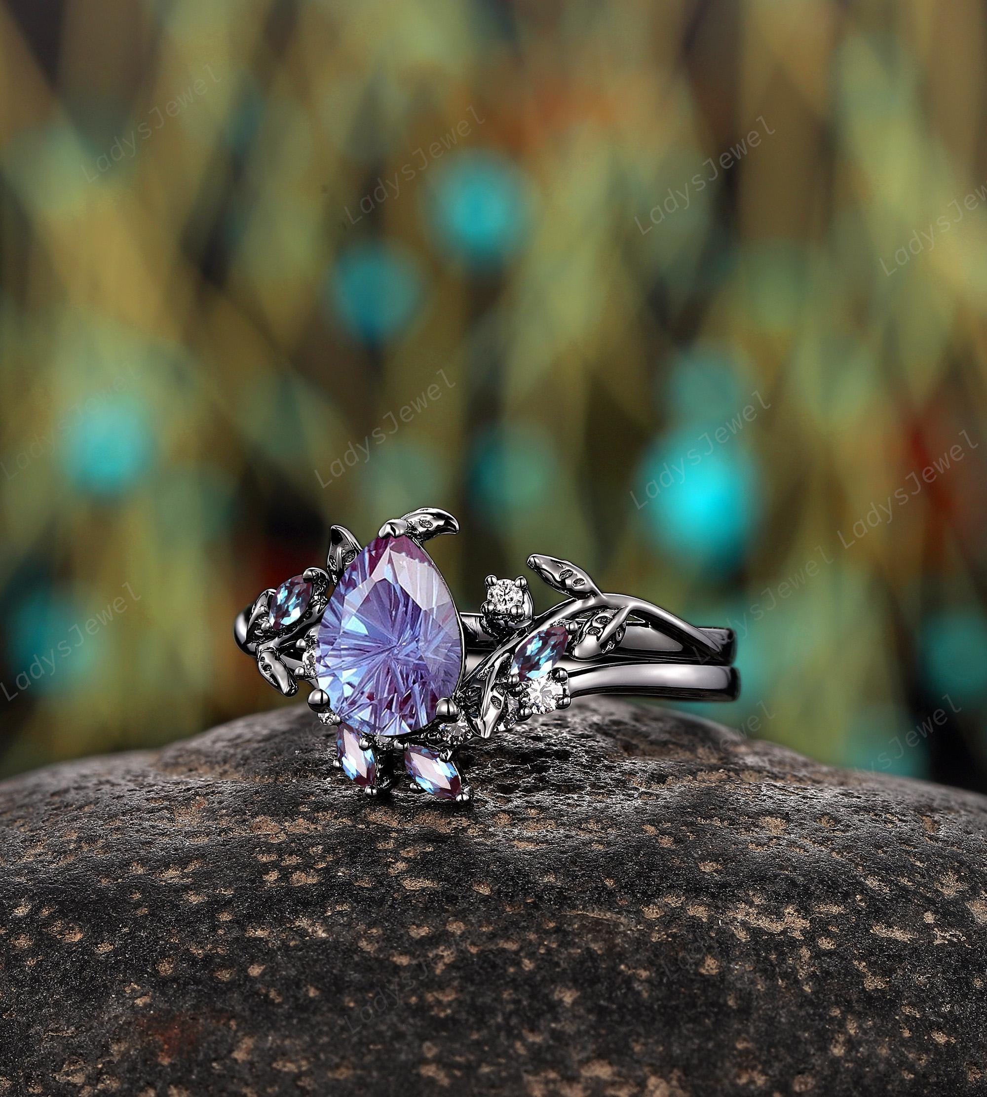Black Gold Fireworks Alexandrite Bridal Set Nature Inspired Twig