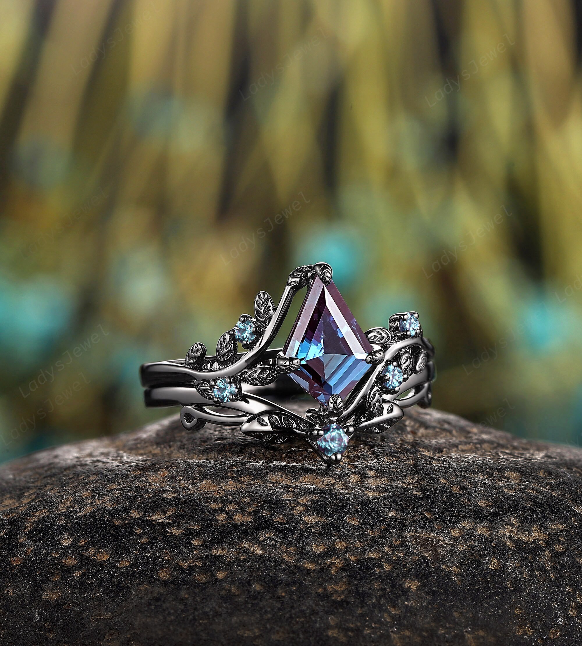 Gothic Kite Cut Alexandrite Engagement Rings Rhodium Black Gold