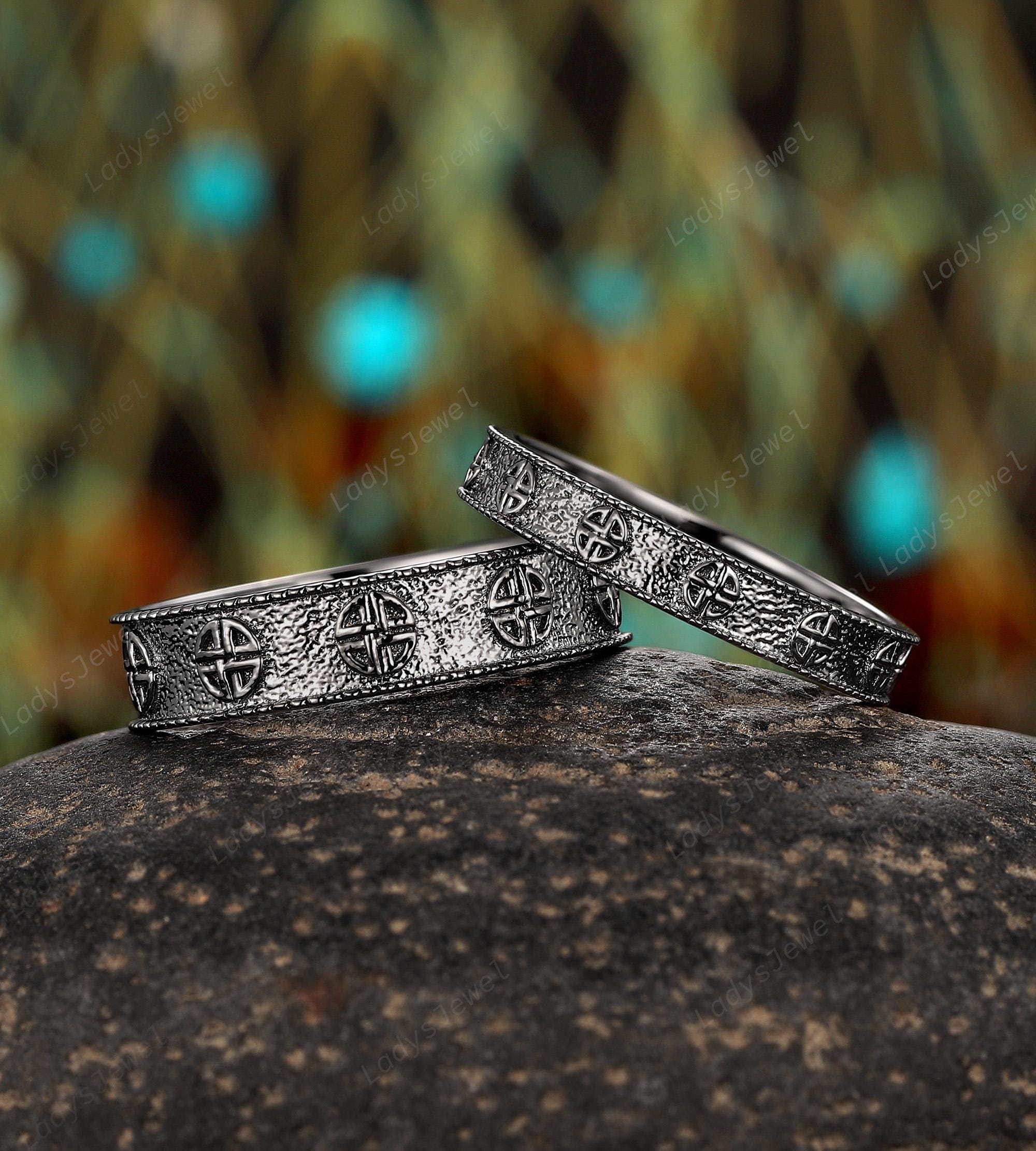 Celtic Shield Knot His and Hers Wedding Band Rhodium Black Gold