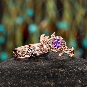 Rose June Birth Flower Couples Promise Ring Round Cut Natural Amethyst His and Hers Wedding Band 14K Rose Gold Twig Leaf Engagement Ring Set