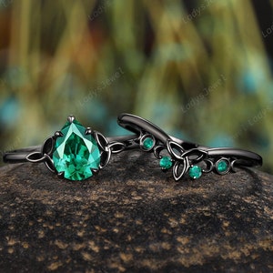 Gothic Pear Emerald Engagement Ring Set, Rhodium Black Gold Celtic Knots Bridal Set, Solitaire May Birthstone Witchy Promise Ring for Women image 2