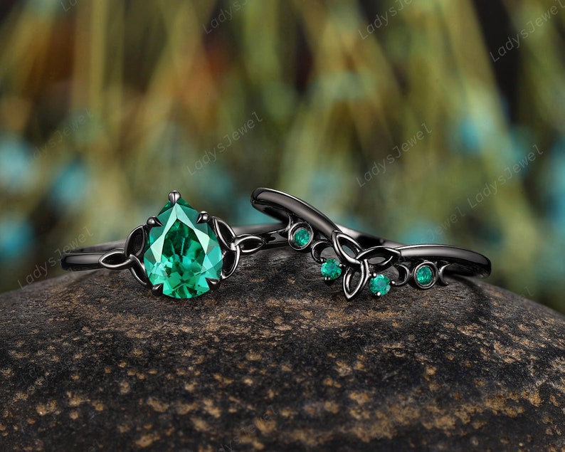Gothic Pear Emerald Engagement Ring Set, Rhodium Black Gold Celtic Knots Bridal Set, Solitaire May Birthstone Witchy Promise Ring for Women image 2