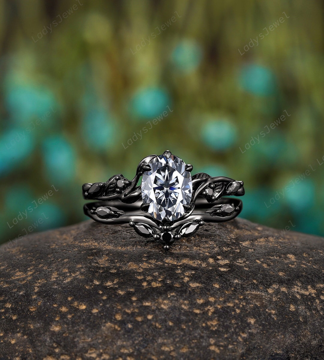 Oval Cut Gray Moissanite Engagement Ring Set Rhodium Black