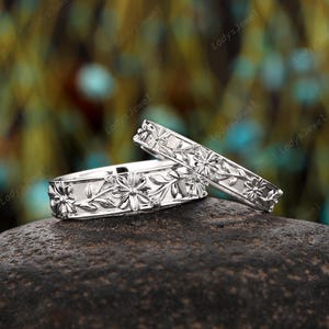 Daisy Couples Promise Rings Platinum Full Eternity His and Hers Wedding Band April Birth Flower  Engagement Ring Nature Inspired Bridal Set