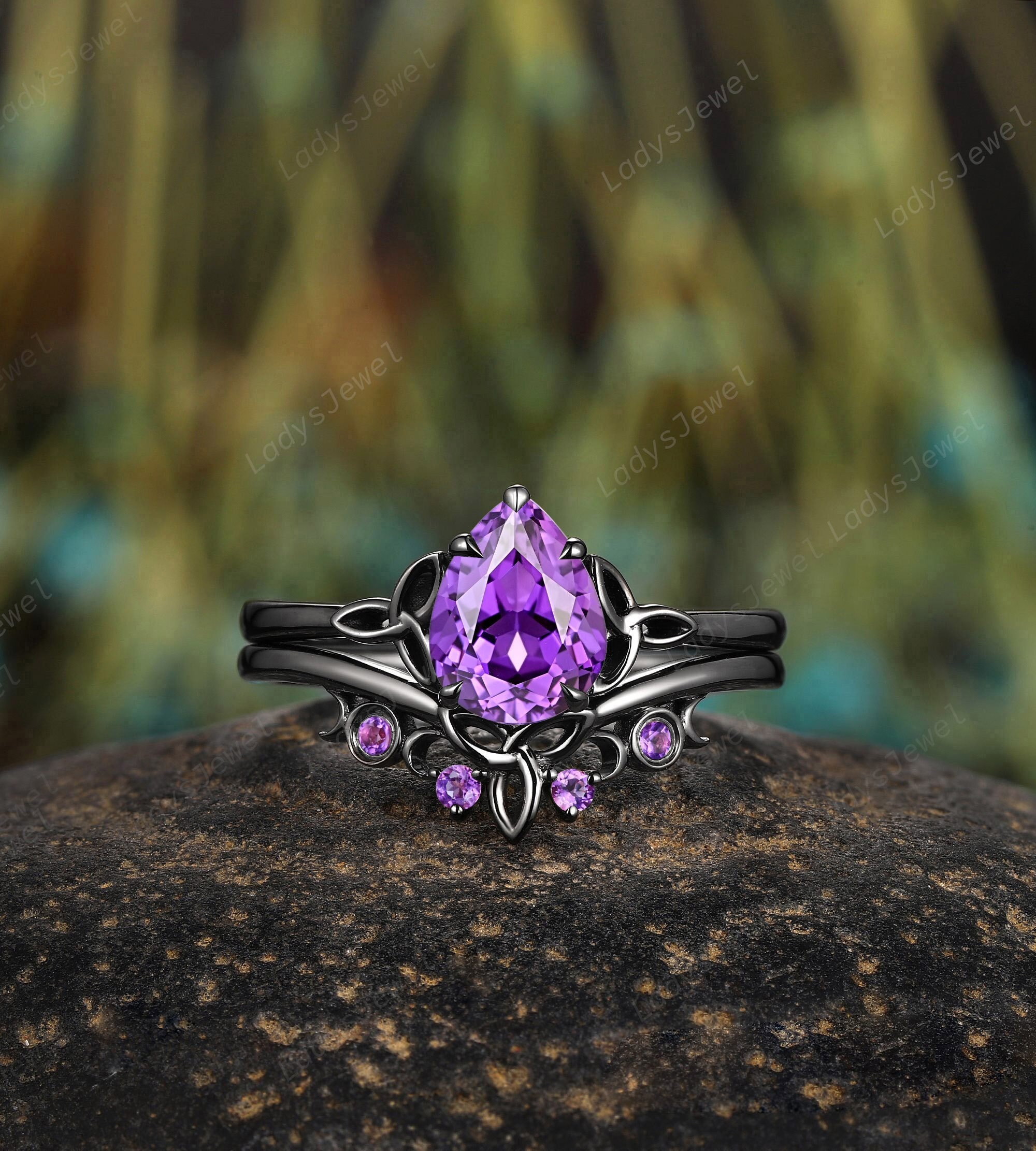 Gothic Pear Cut Purple Sapphire Engagement Ring Set Rhodium Black