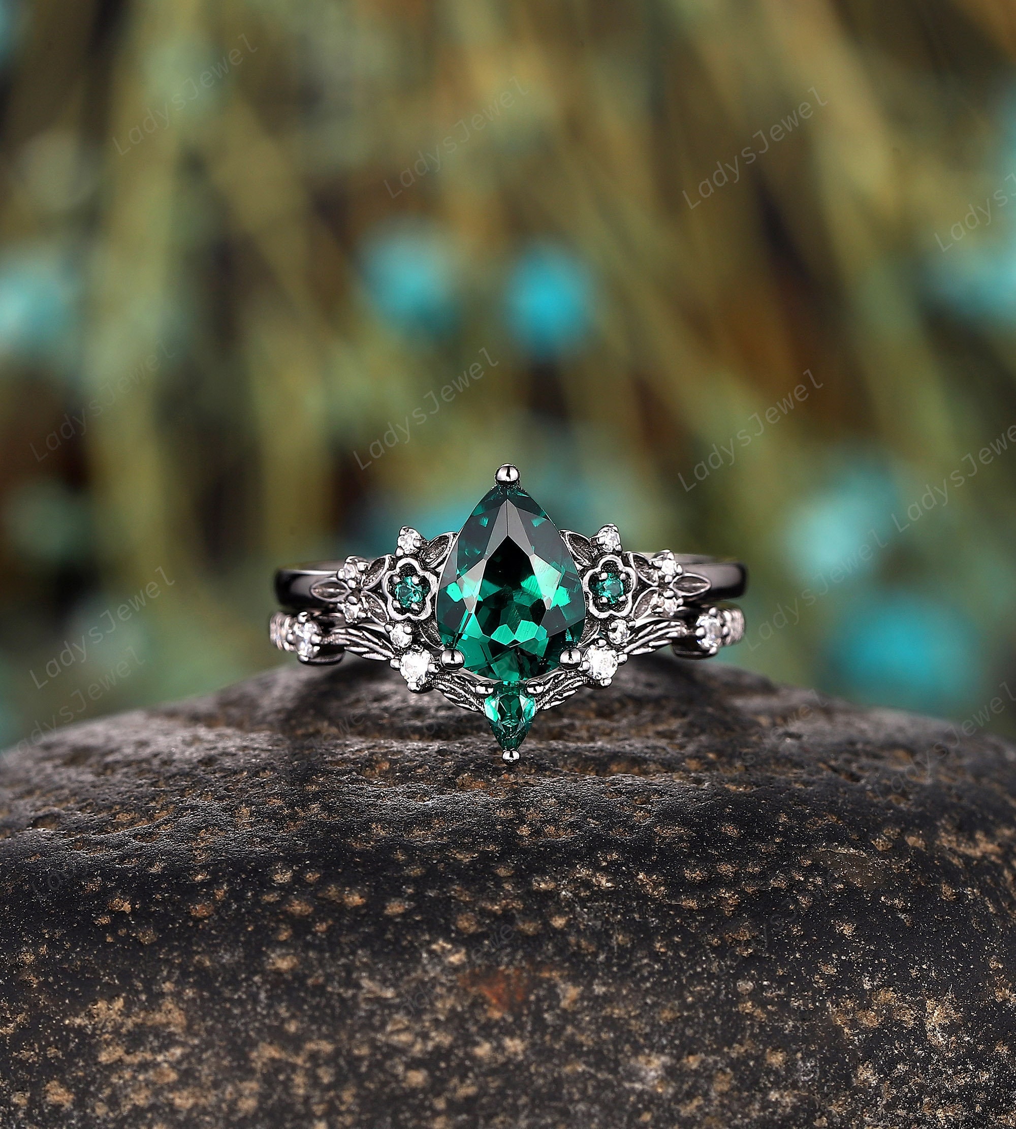 Black Gold Pear Shape Emerald Engagement Ring Set, Witchy Rhodium