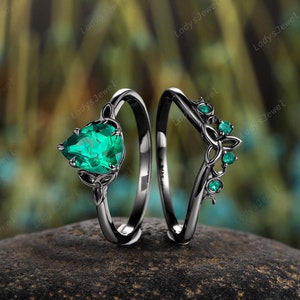 Gothic Pear Emerald Engagement Ring Set, Rhodium Black Gold Celtic Knots Bridal Set, Solitaire May Birthstone Witchy Promise Ring for Women 2PCS Ring Set