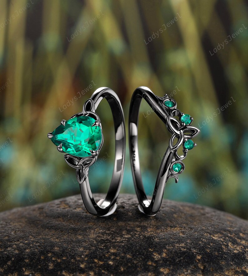 Gothic Pear Emerald Engagement Ring Set, Rhodium Black Gold Celtic Knots Bridal Set, Solitaire May Birthstone Witchy Promise Ring for Women 2PCS Ring Set