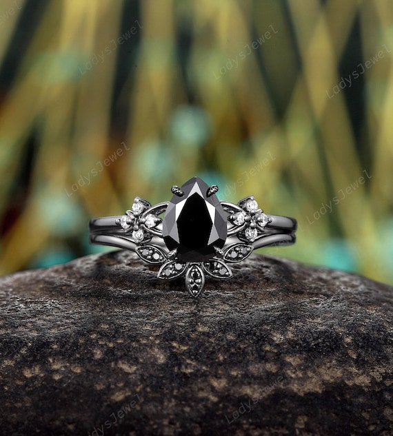 Nature Inspired Pear Cut Black Moissanite Engagement Ring Rhodium
