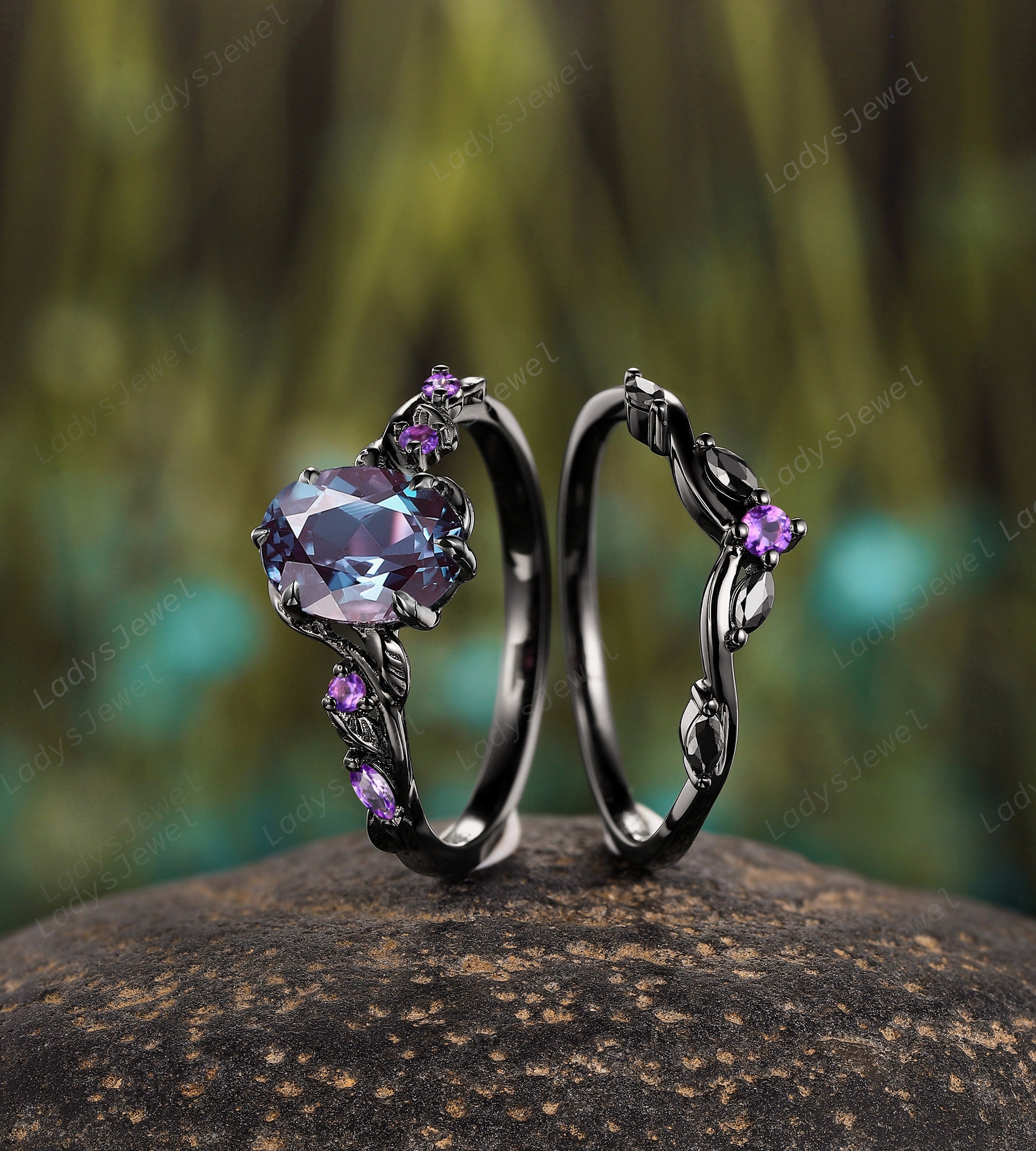 Gothic Oval Cut Alexandrite Engagement Ring Set Rhodium Black Gold