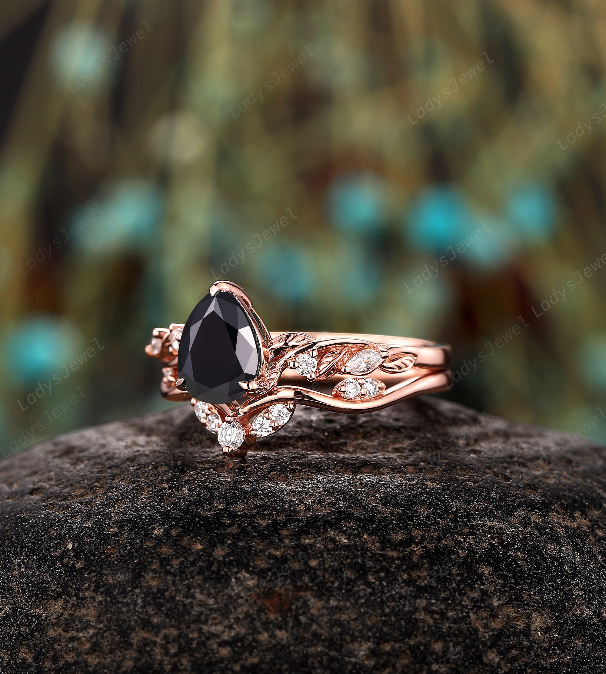 Pear Shape Black Moissanite Engagement Ring Set, Twig Branch