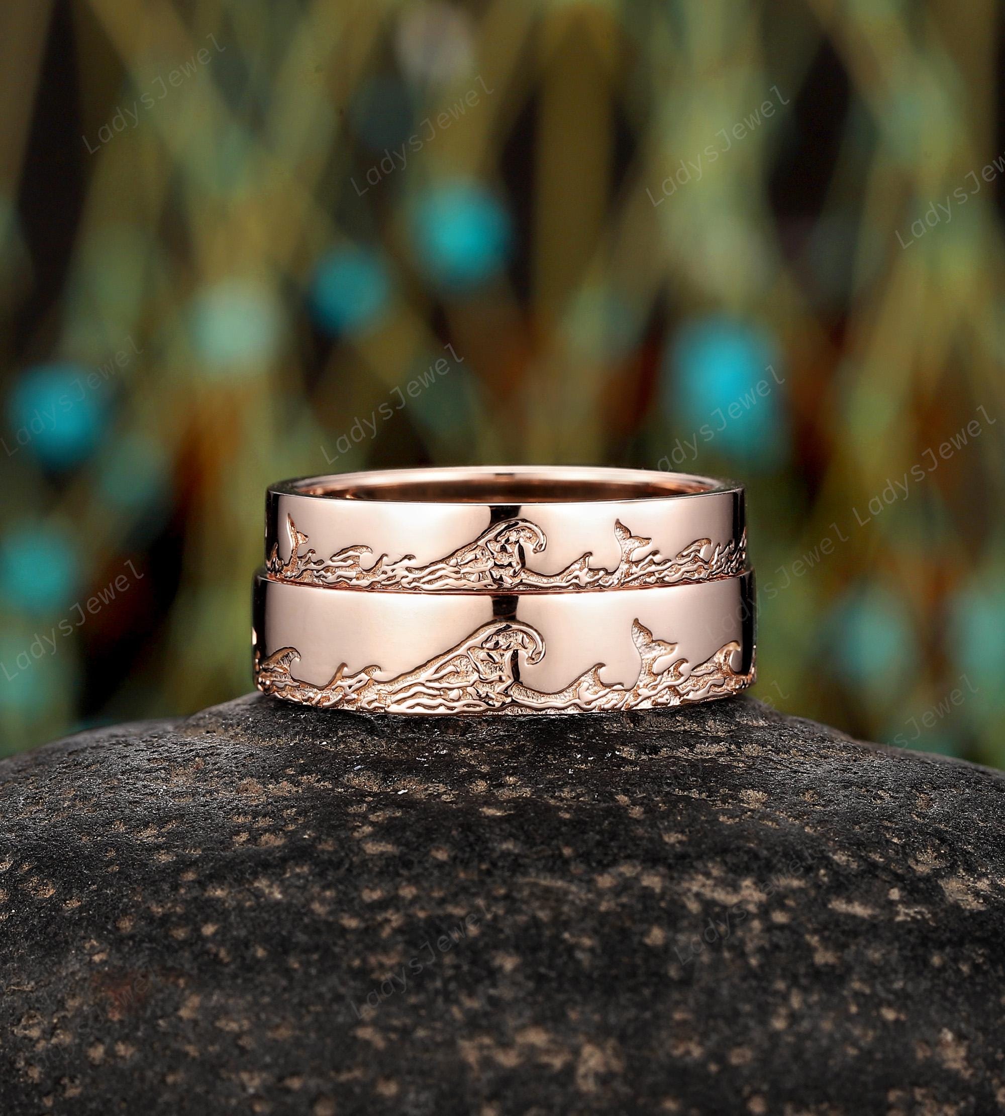 Ocean Wave Couple Rings Set 14K Rose Gold His and Hers Wedding