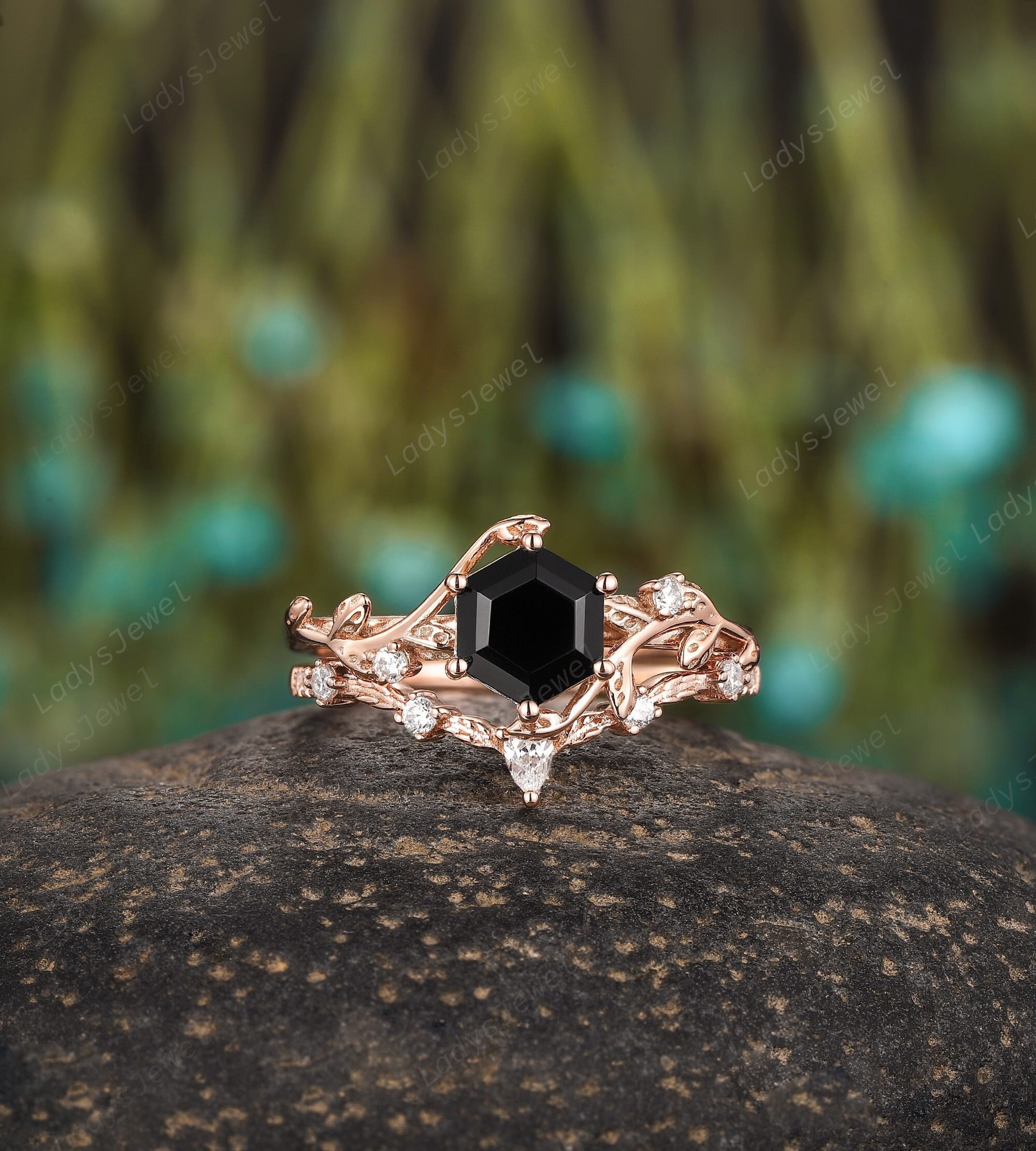Hexagon Cut Black Onyx Engagement Ring Set, Unique Natural Vine Hexagon Cut Black Onyx Engagement Ring Set, Unique Natural Vine