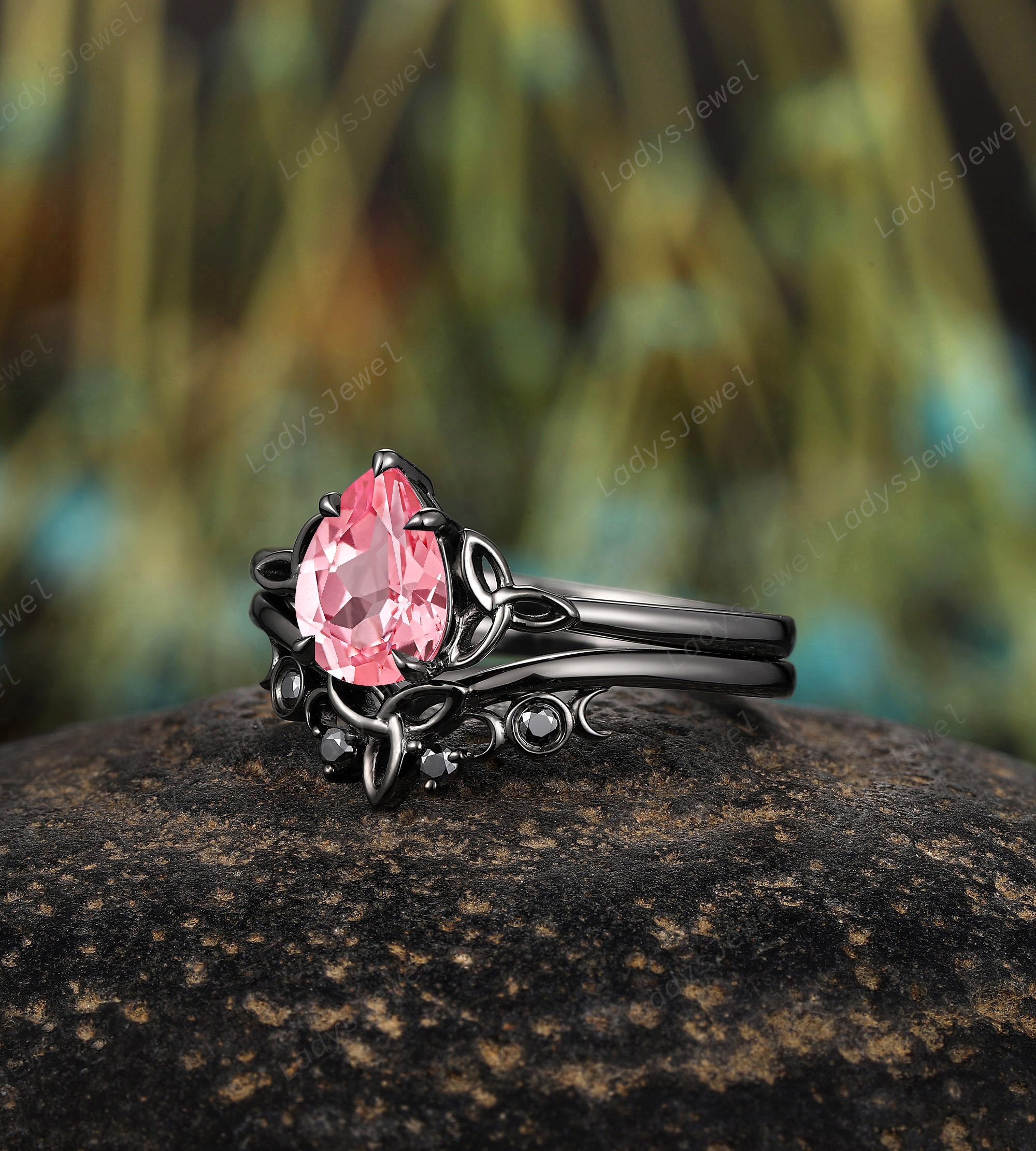 Gothic Pear Cut Pink Sapphire Engagement Ring Set Celtic Knots