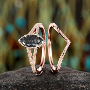 Marquise Cut Natural Salt and Pepper Diamond Bridal Set, 14K Rose Gold Wheat Ears Engagement Ring, Gray Diamond Solitaire Wedding Ring Gift