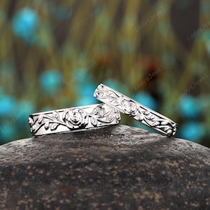 Rose June Birth Flower His and Hers Wedding Band Platinum Nature Inspired Couples Promise Ring White Gold Full Eternity Engagement Ring Set