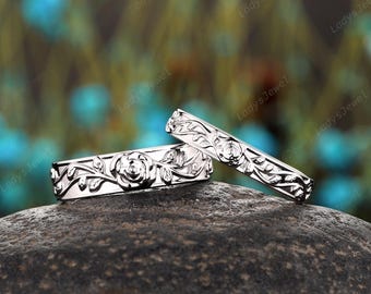 His and Hers Full Eternity Rose Flower Leaf Wedding Set, Rose Gold