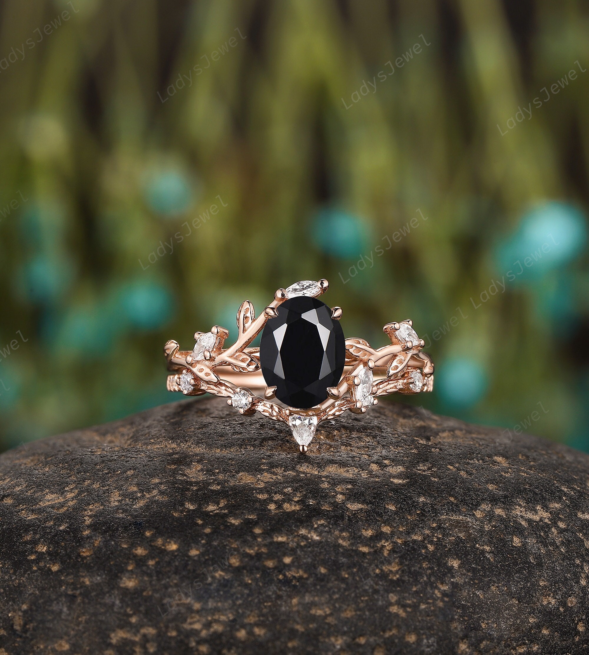Oval Cut Black Onyx Engagement Ring Set, 14K Rose Gold Black