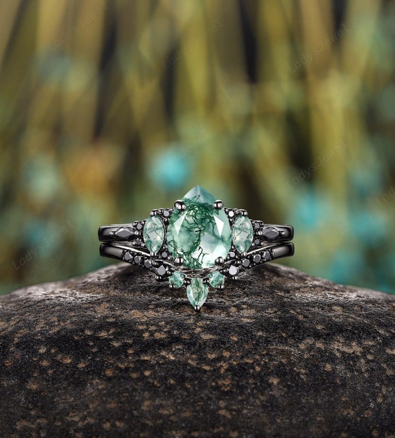 Gothic Pear Cut Natural Moss Agate Engagement Ring Set Unique 14K