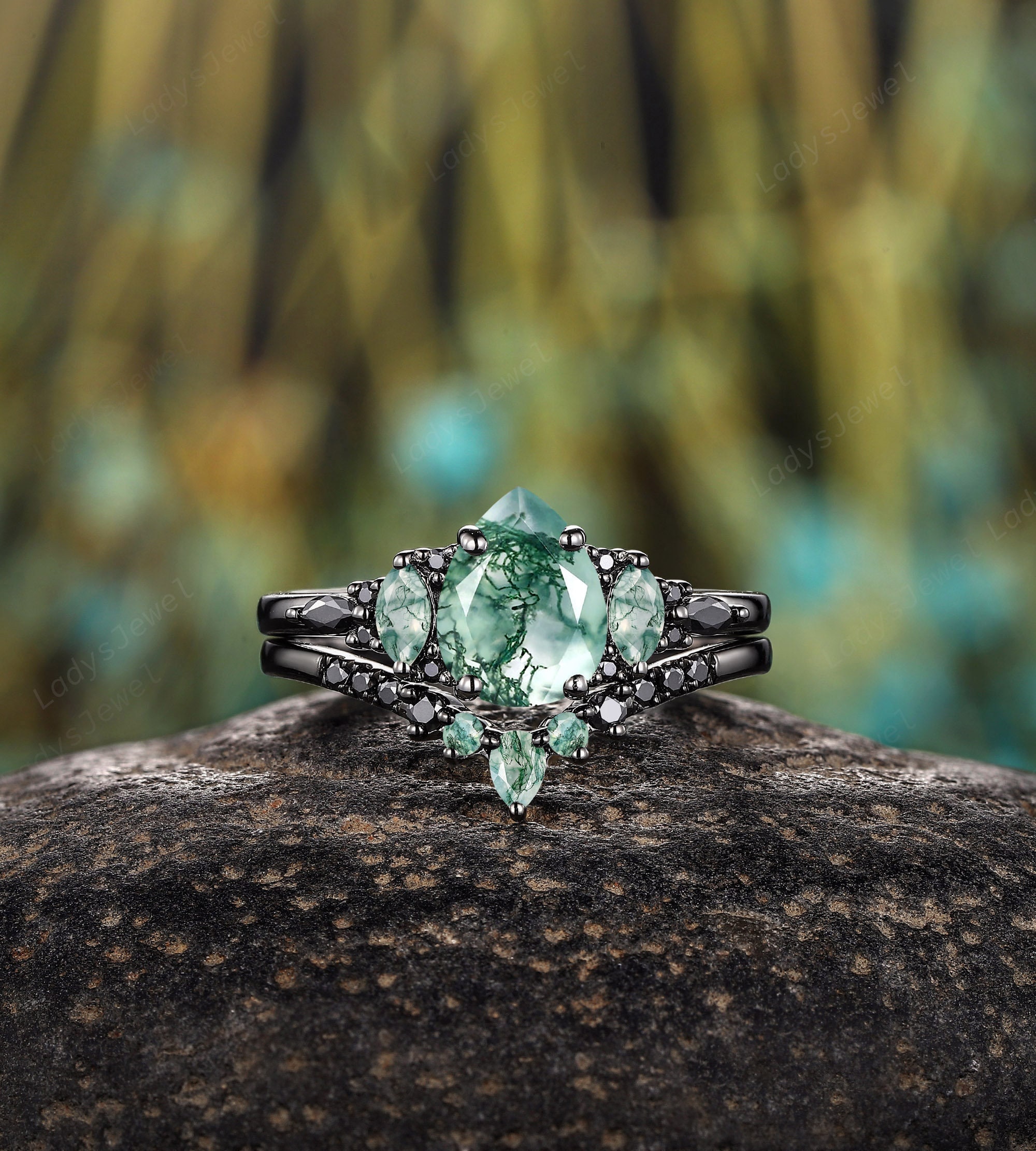 Gothic Pear Cut Natural Moss Agate Engagement Ring Unique