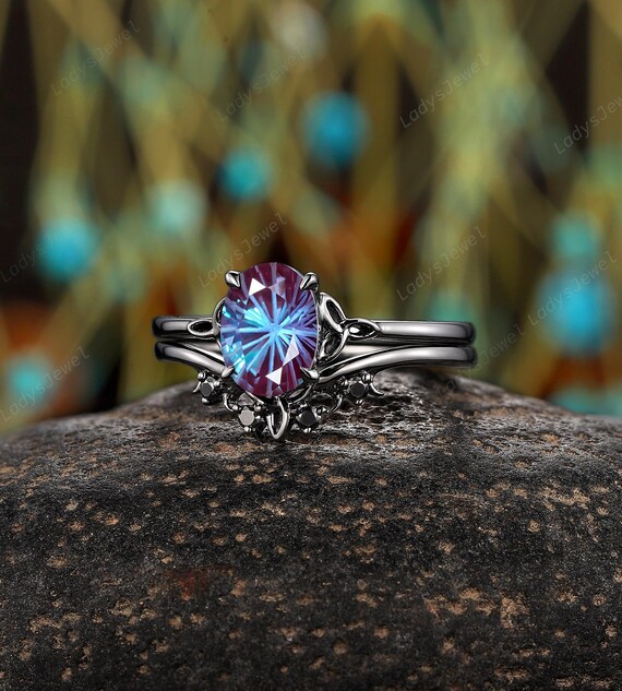 Gothic Firework Cut Alexandrite Engagement Ring Set 14K Black Gold