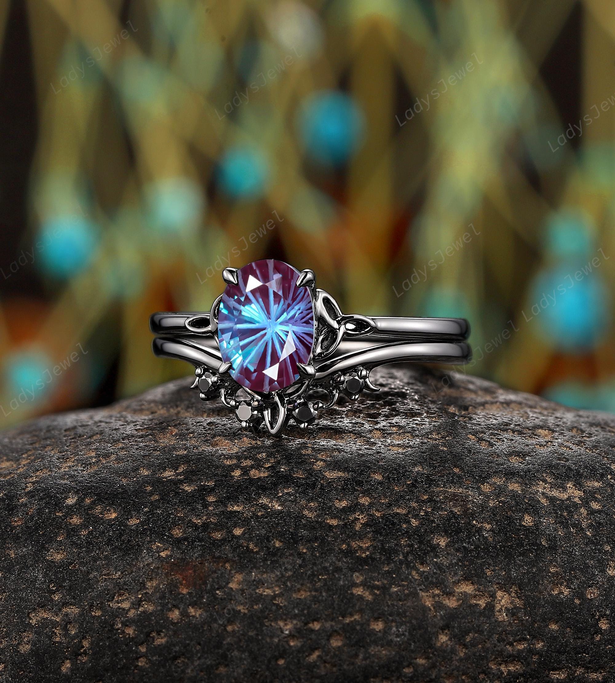 Gothic Fireworks Alexandrite Engagement Ring Set 14K Black Gold