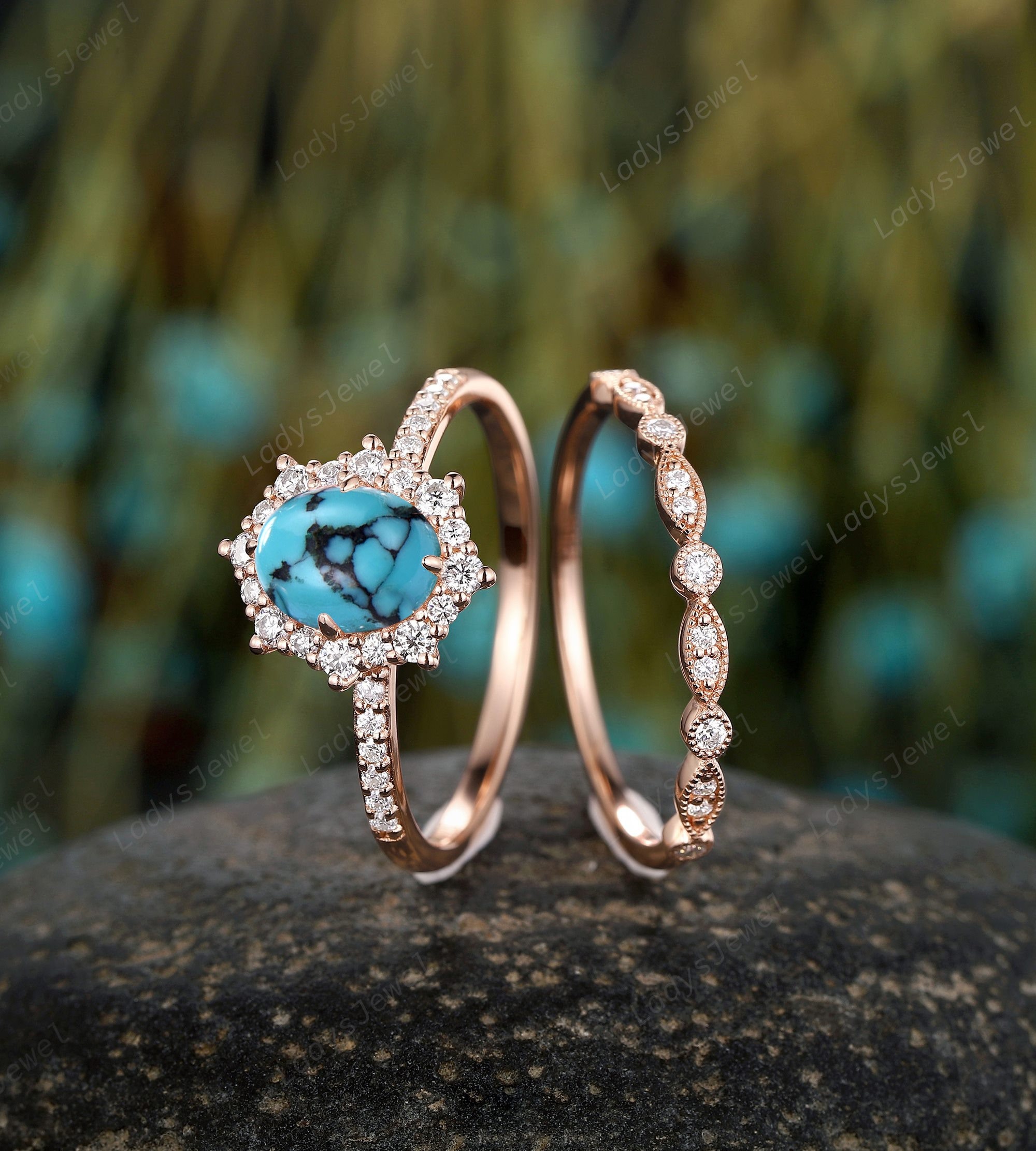 Unique Oval Shape Blue Turquoise Engagement Ring Set Vintage 14K Rose Unique Oval Shape Blue Turquoise Engagement Ring Set Vintage 14K Rose