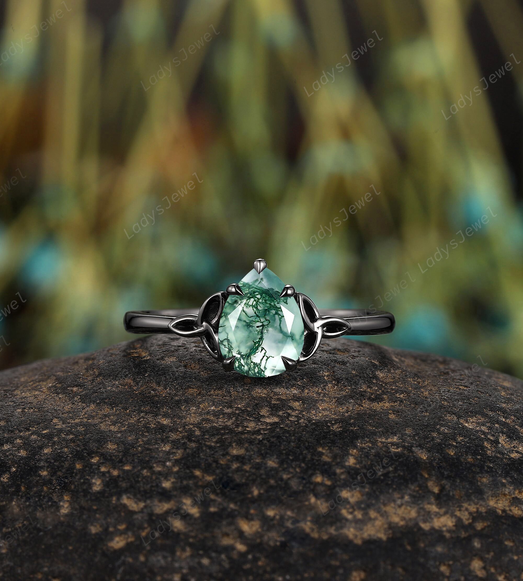 アクセサリー 90s Celtic Arts floral Celtic ball ring Celtic Knot Natural Moss Agate Engagement Ring 14K Black Gold